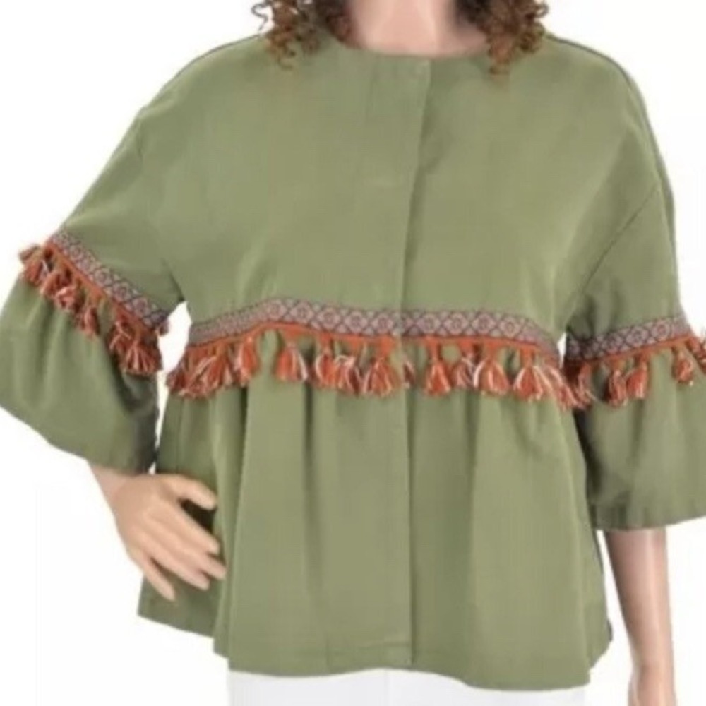 ZARA BASIC DEPT DENIM EUC Z1975 OLIVE GREEN TASSELS JACKET SIZE XS